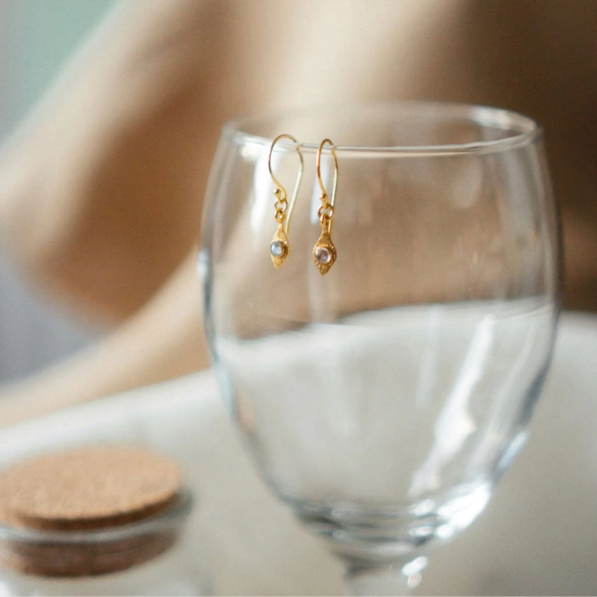 Gold Moonstone Teardrop Earring, Aqua | By Lunar James