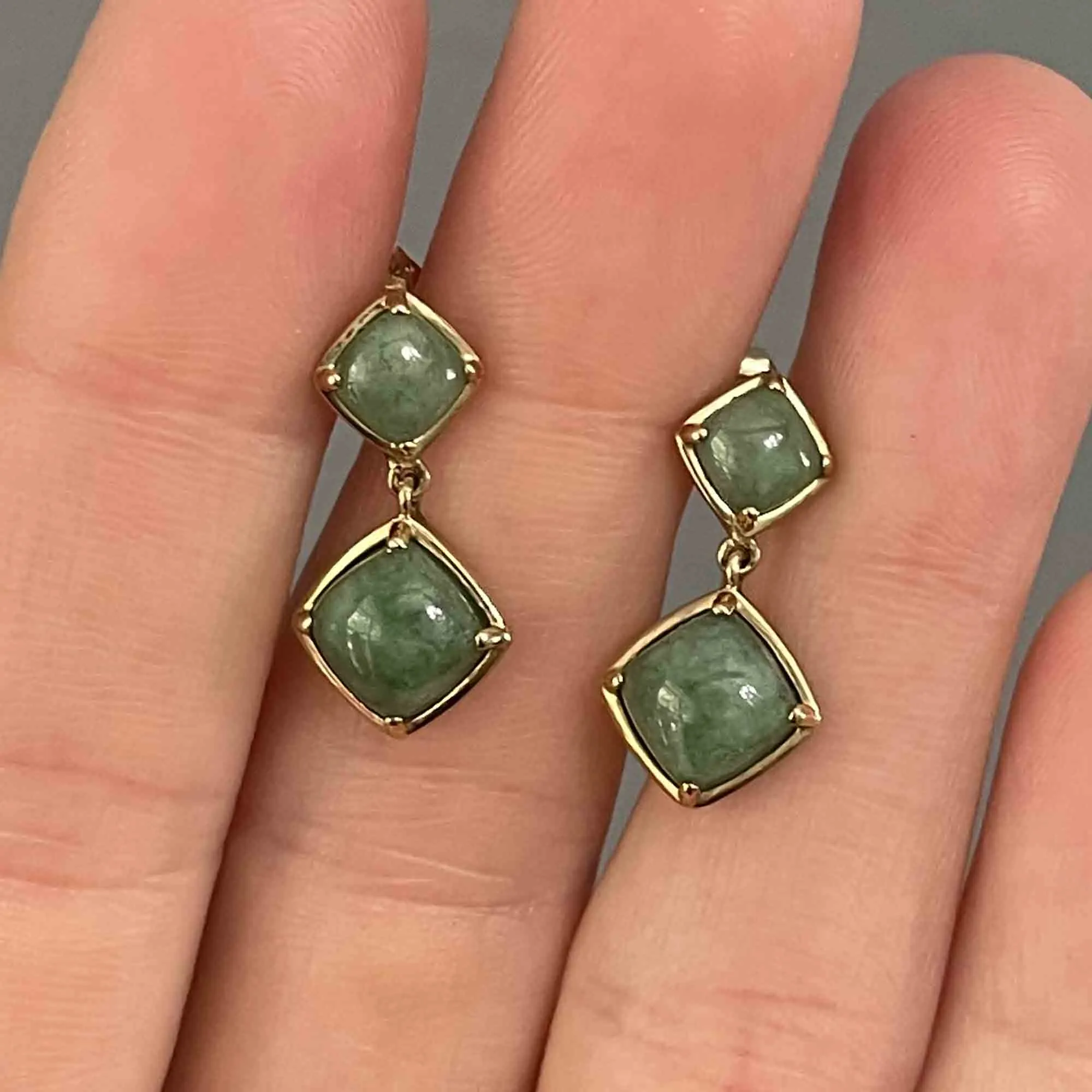 Gold Natural Jade Cabochon Geometric Drop Earrings