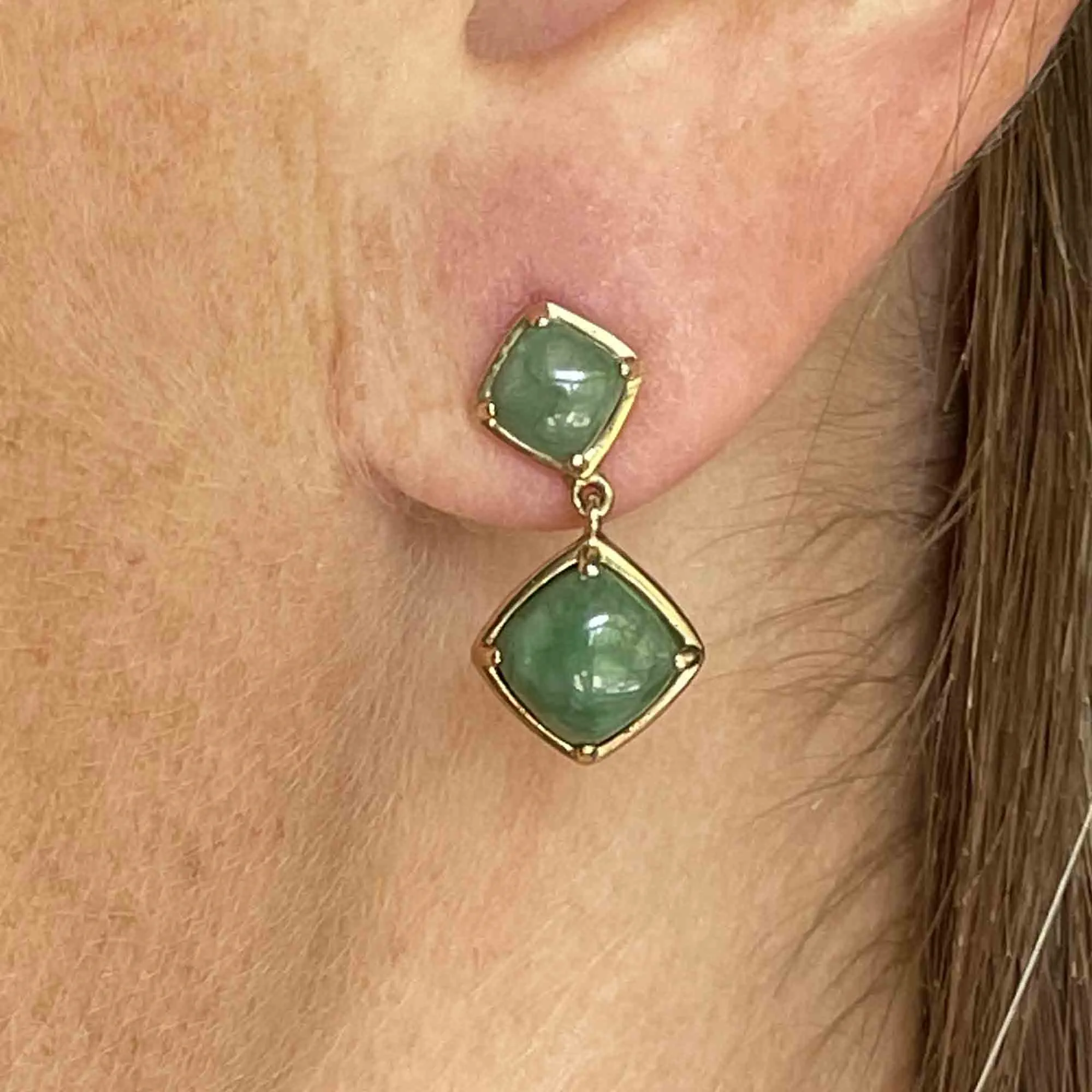 Gold Natural Jade Cabochon Geometric Drop Earrings