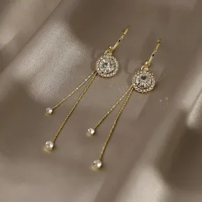 Gold Plated Korean Style Cubic Zirconia Decor Long Tassel Earrings Cubic Zirconia Alloy Earring Set, Drops & Danglers - Pair Of 1