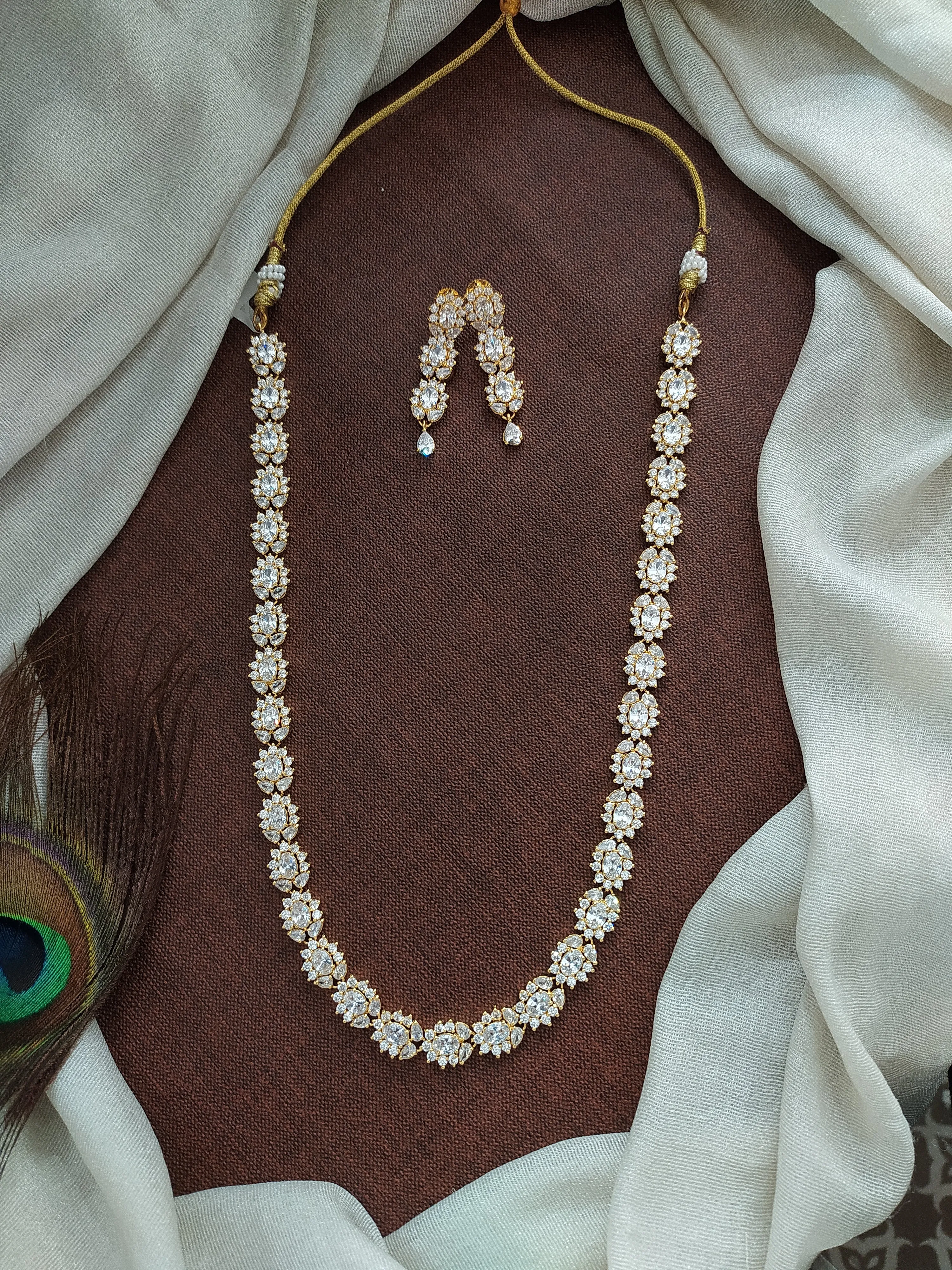 Gold-Plated Zircon Long Haram Set with Real Diamond-Color Stones - Available in 5 Stunning Variants