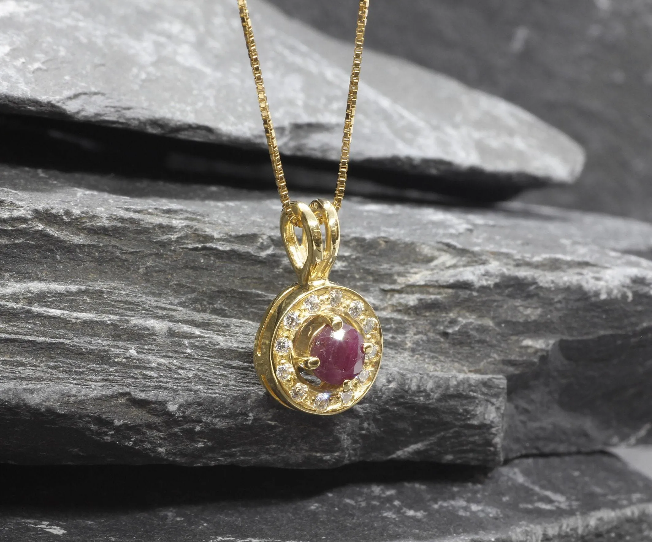 Gold Ruby Pendant - Natural Ruby Necklace - Round Dainty Pendant