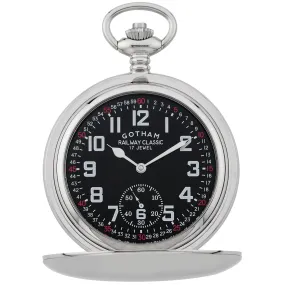 Gotham Men's Silver-Tone Railroad Dial Double Hunter 17 Jewel Mechanical Pocket Watch # GWC18806SB