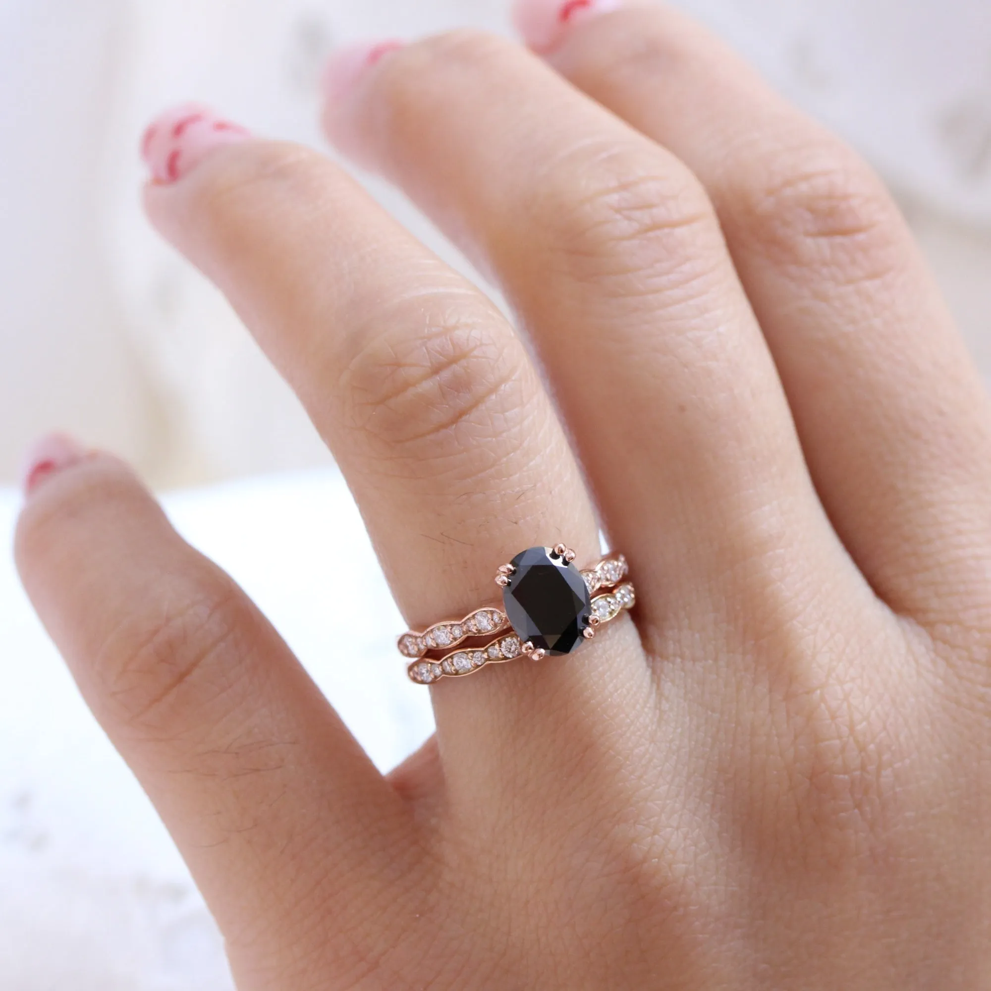 Grace Solitaire Black Diamond Ring Set w/ Oval Diamond and Matching Wedding Band