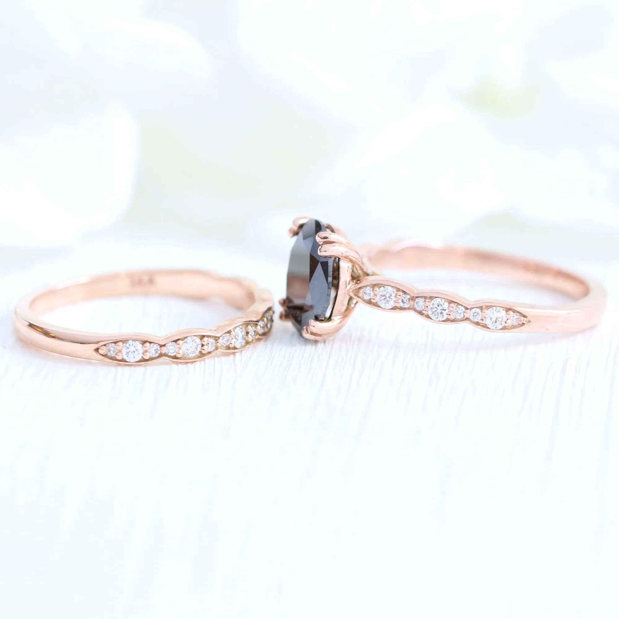 Grace Solitaire Black Diamond Ring Set w/ Oval Diamond and Matching Wedding Band