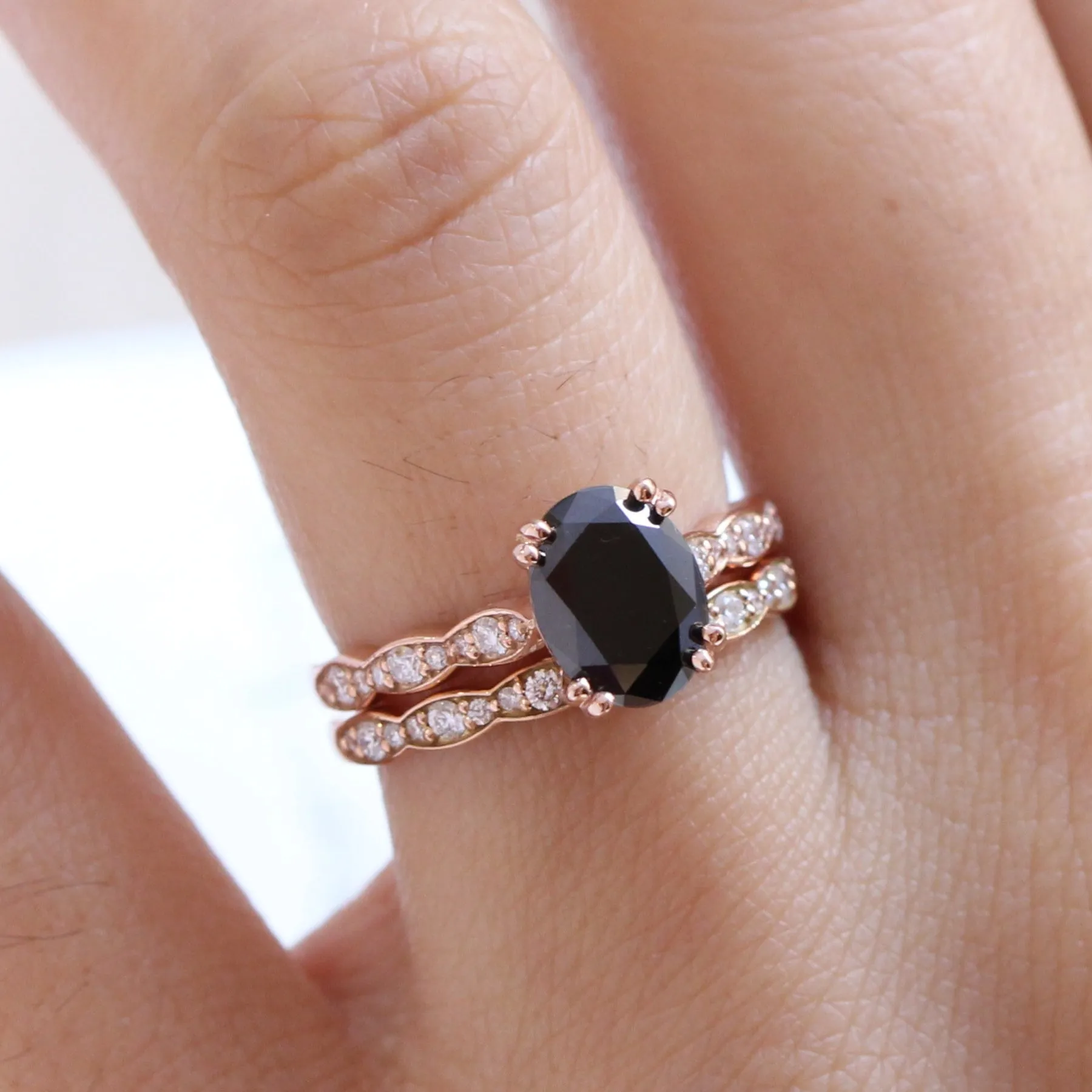 Grace Solitaire Black Diamond Ring Set w/ Oval Diamond and Matching Wedding Band