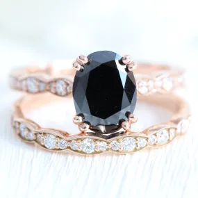 Grace Solitaire Black Diamond Ring Set w/ Oval Diamond and Matching Wedding Band