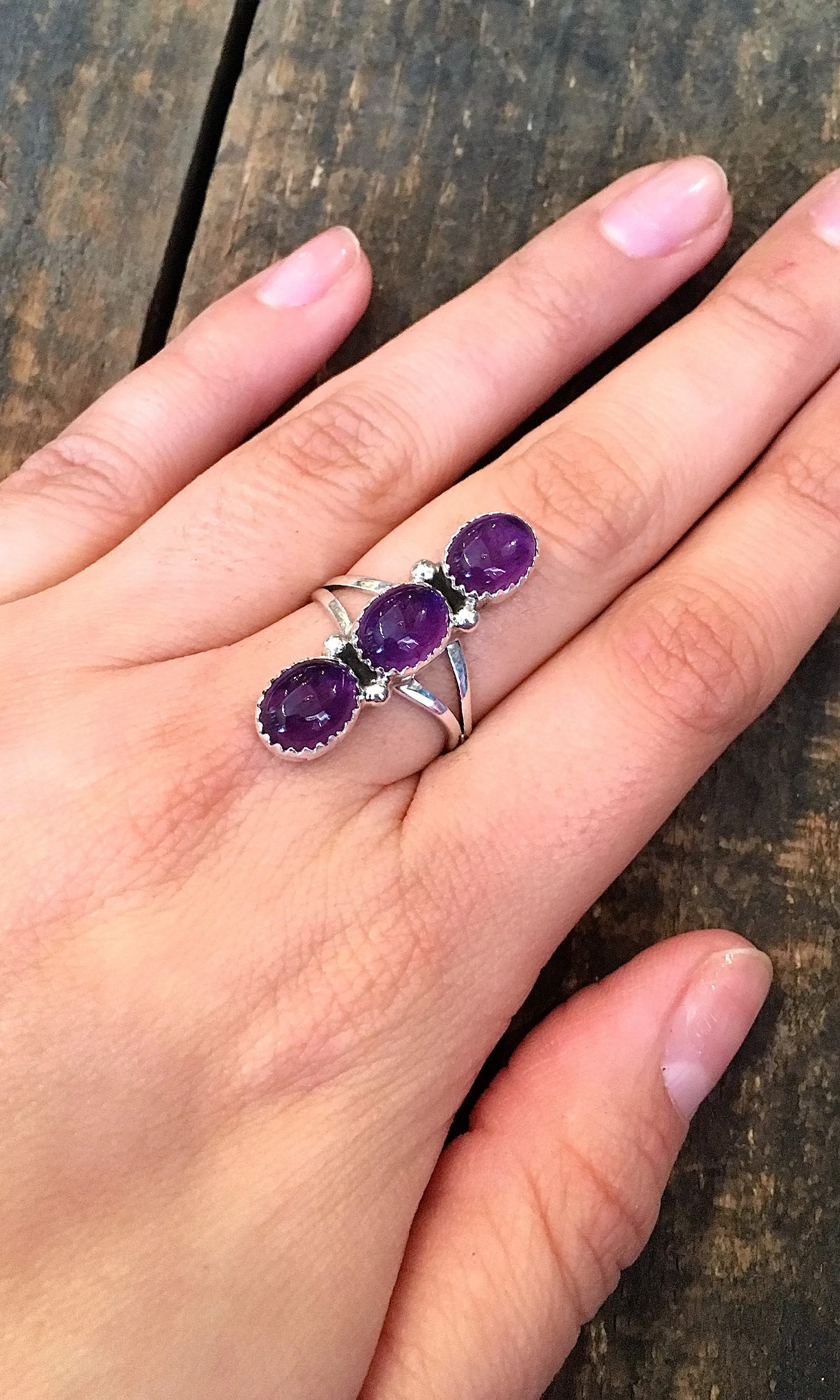 GRAPE EXPECTATIONS Triple Purple Amethyst & Sterling Silver Navajo Ring, SZ 8, 9, 10