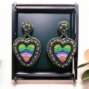 Green and Purple Heart Beaded Earrings