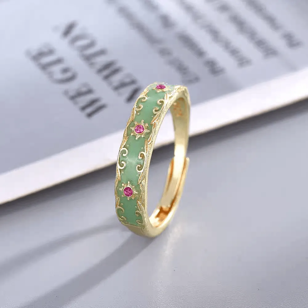 Green Enamel English Floral Ring