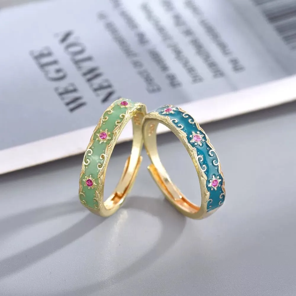 Green Enamel English Floral Ring