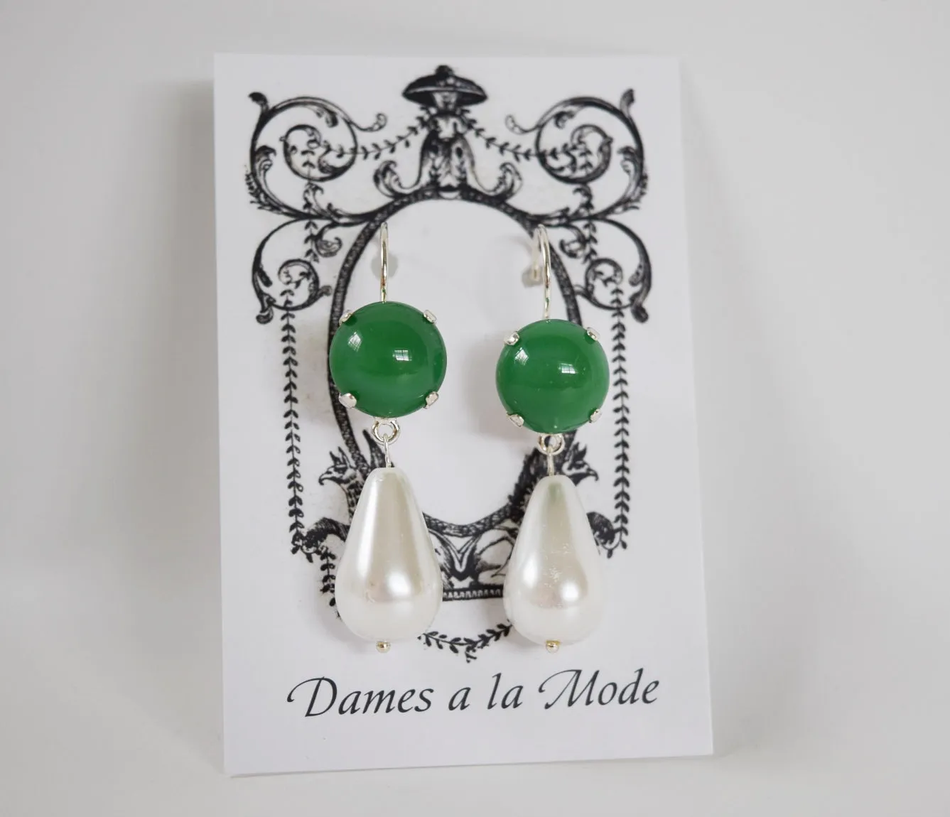 Green Glass Jade and Pearl Earrings