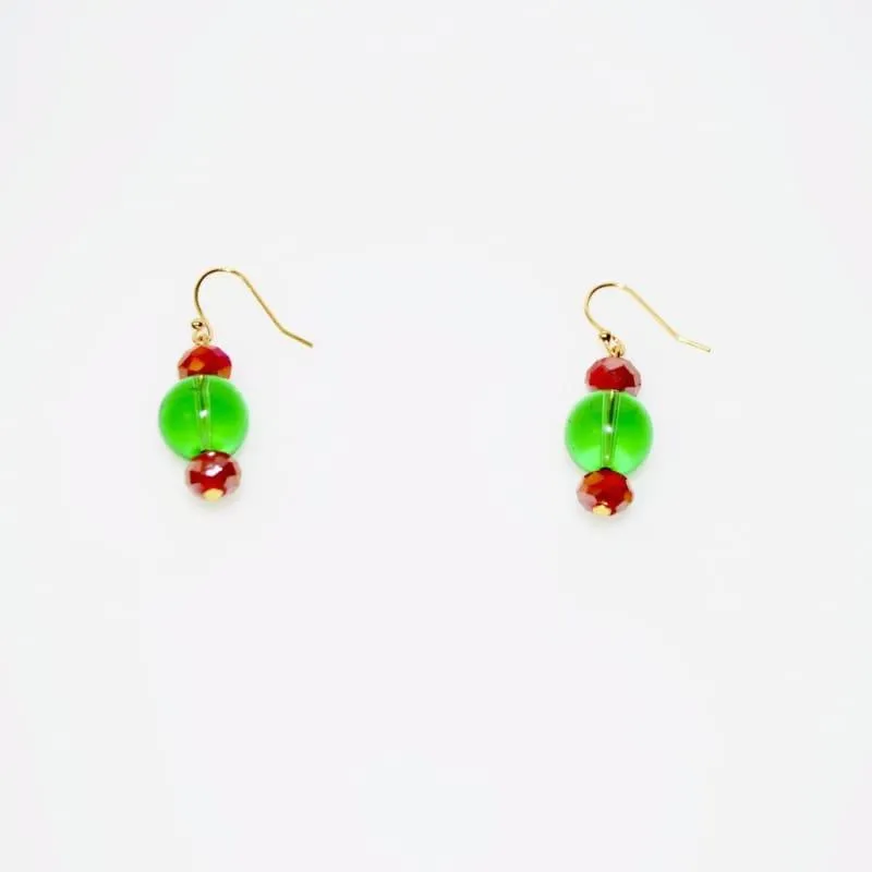 Green Quartz Red Crystal Dangle Earrings