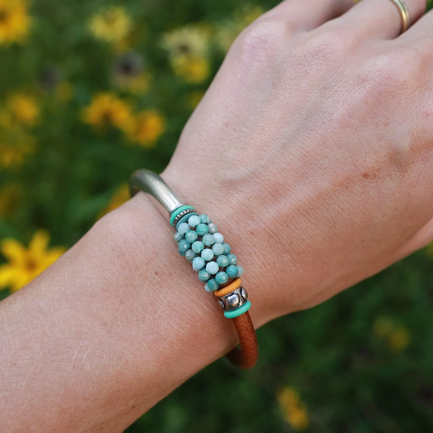 Hand Stitched Tiny Moss Opal with Metal Findings & Colored Rings 1/2 Cuff Bracelet