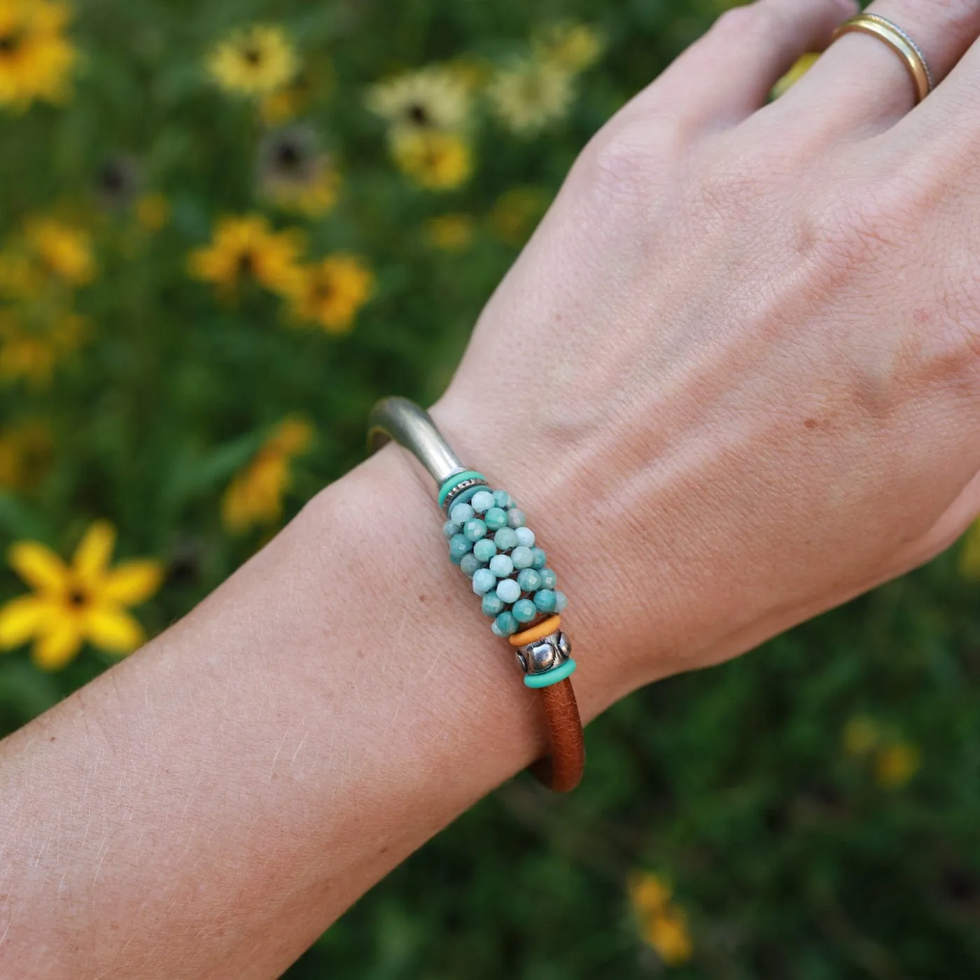 Hand Stitched Tiny Moss Opal with Metal Findings & Colored Rings 1/2 Cuff Bracelet