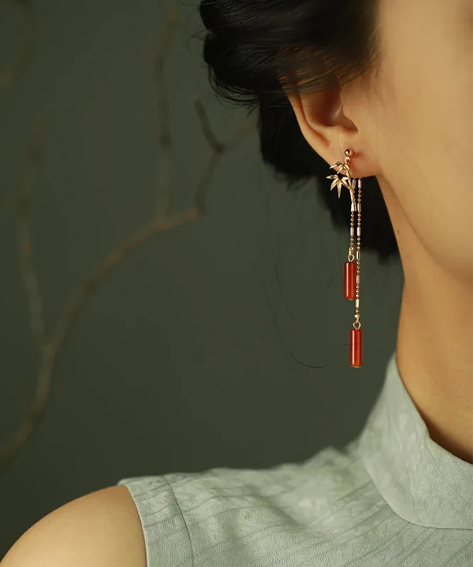 Handmade Bamboo Patchwork Red Jade Stud Earrings