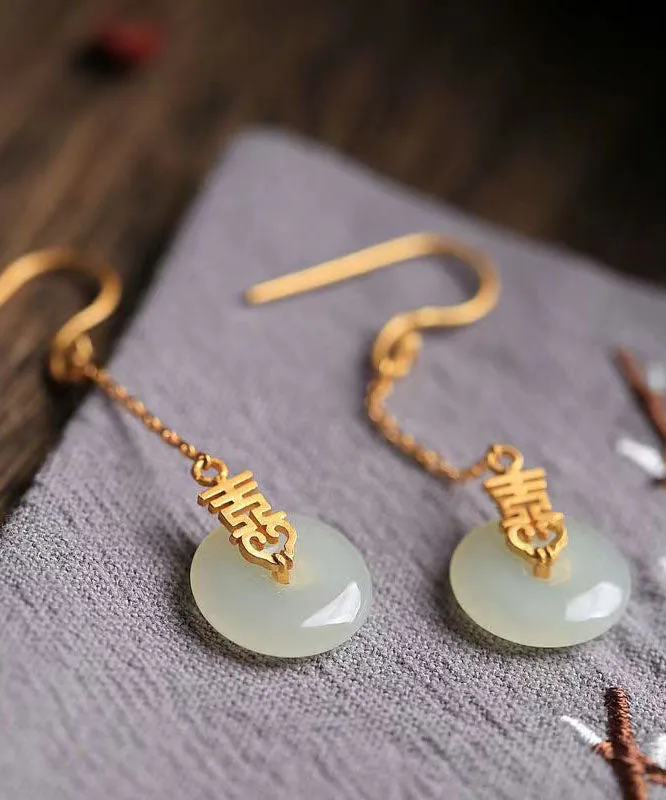 Handmade Chinese Style Jade Patchwork Silver Drop Earrings