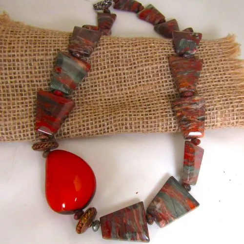 Handmade Necklace in Tagua Nut and Poppy Jasper  accented with Copper