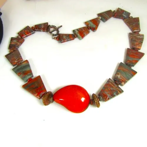 Handmade Necklace in Tagua Nut and Poppy Jasper  accented with Copper