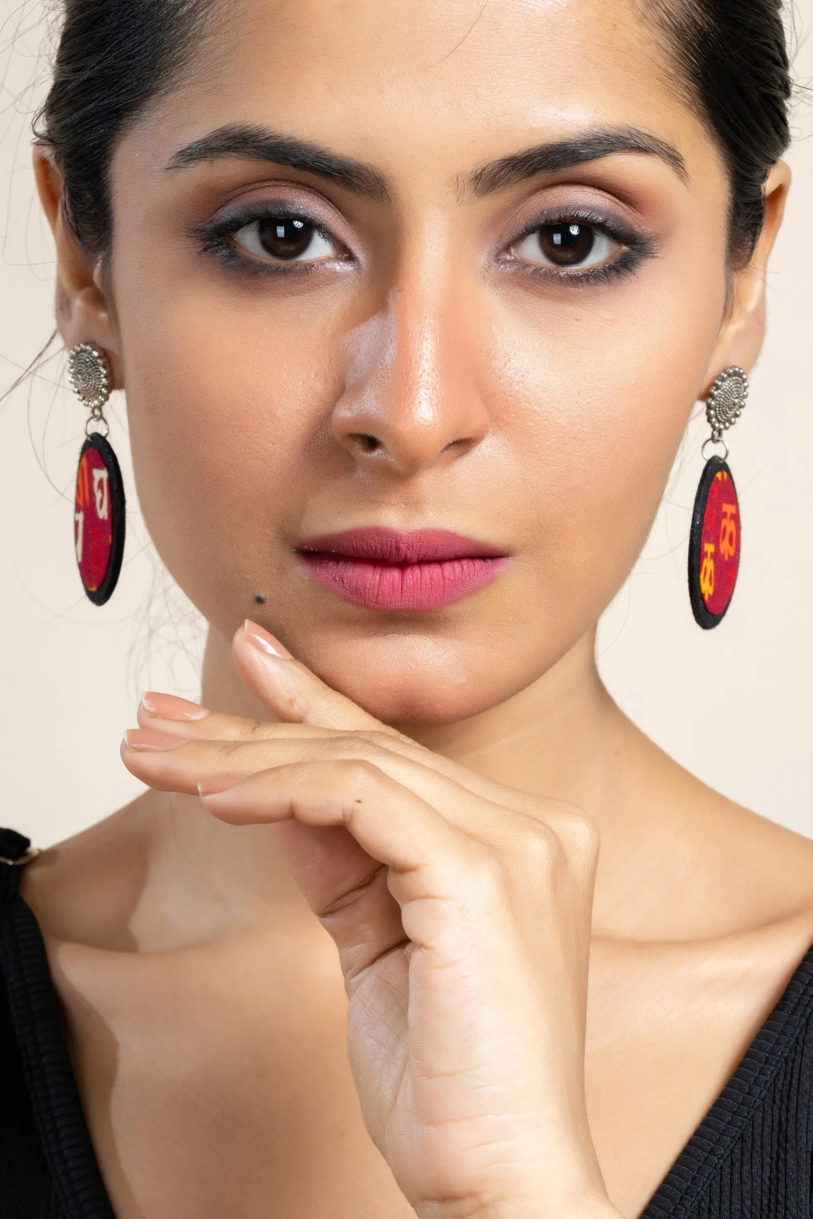 Handmade Red Yellow Black Scripted Fabric with Oxidized Floral Stud Earrings, Unique Artisanal Jewelry