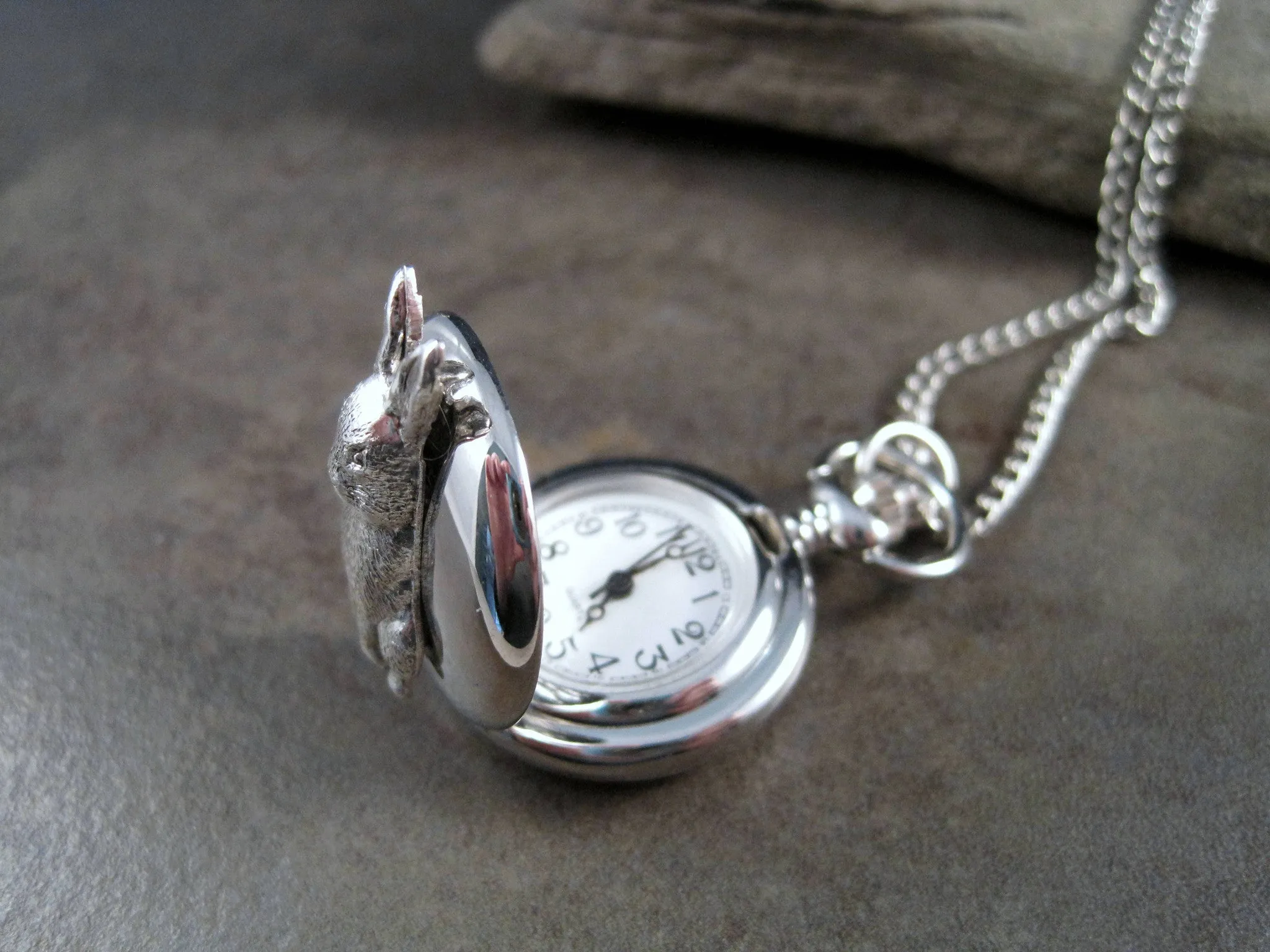 Handmade Steampunk Silver Bunny Rabbit Pocket Watch Necklace