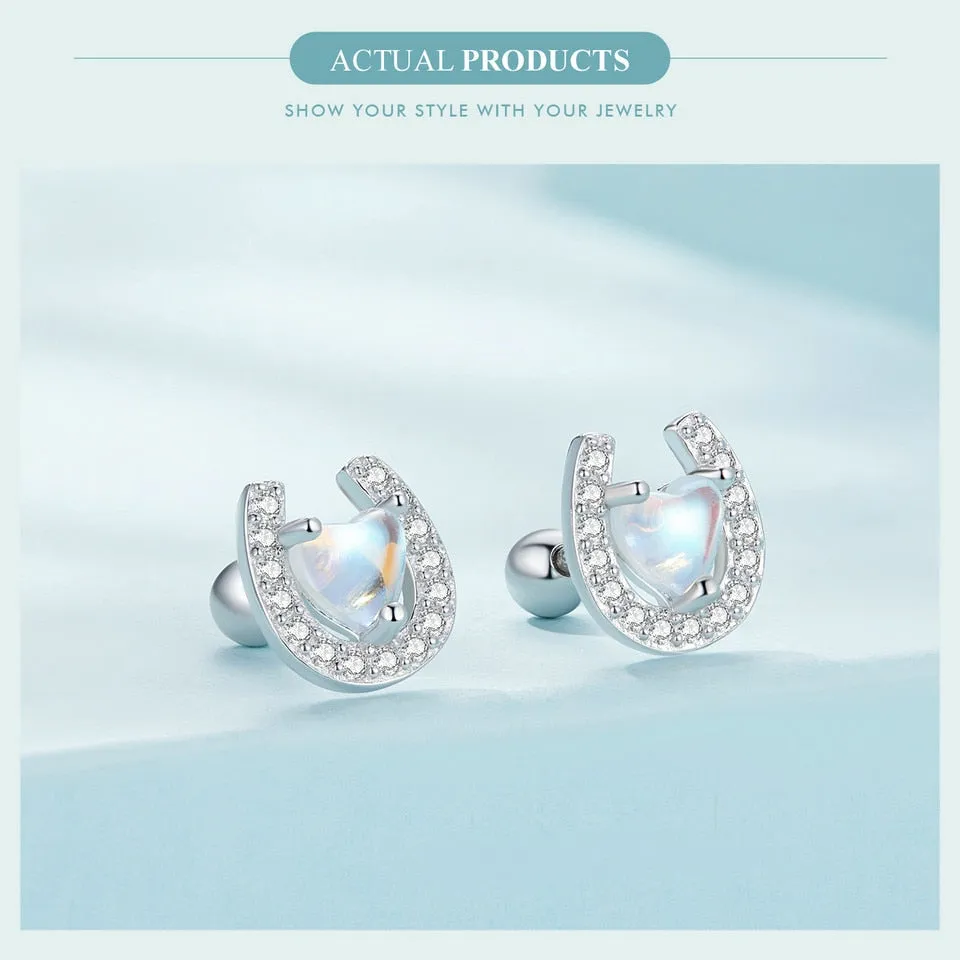 Heart Moonstone Horseshoe Ear Studs with Round Ear Plug