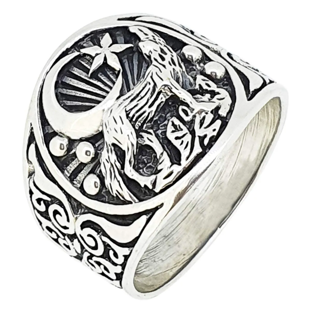 Howling Wolf and Crescent Moon 925 Sterling Silver Ring for men Nad Women