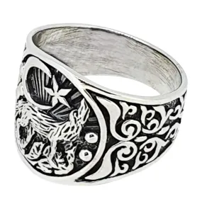 Howling Wolf and Crescent Moon 925 Sterling Silver Ring for men Nad Women