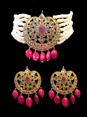 Hyderabadi fresh water pearls with ruby choker in gold plated silver ( SHIPS IN 5 WEEKS )