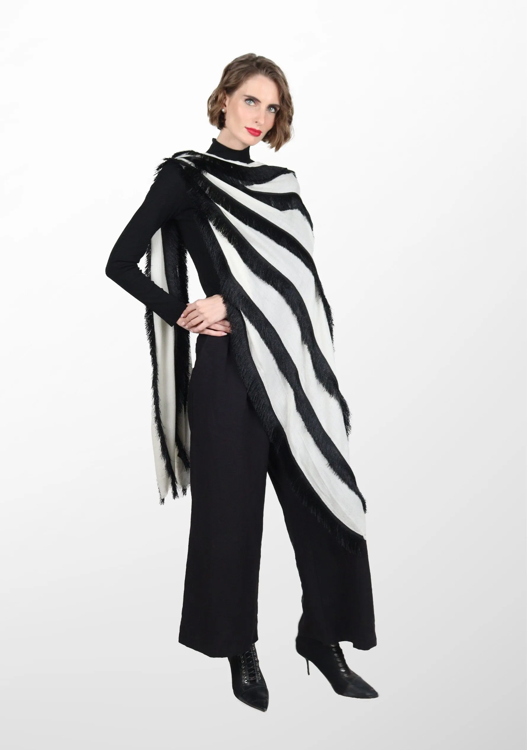 Ivory Wool and Silk Scarf with Black Fringe Panels