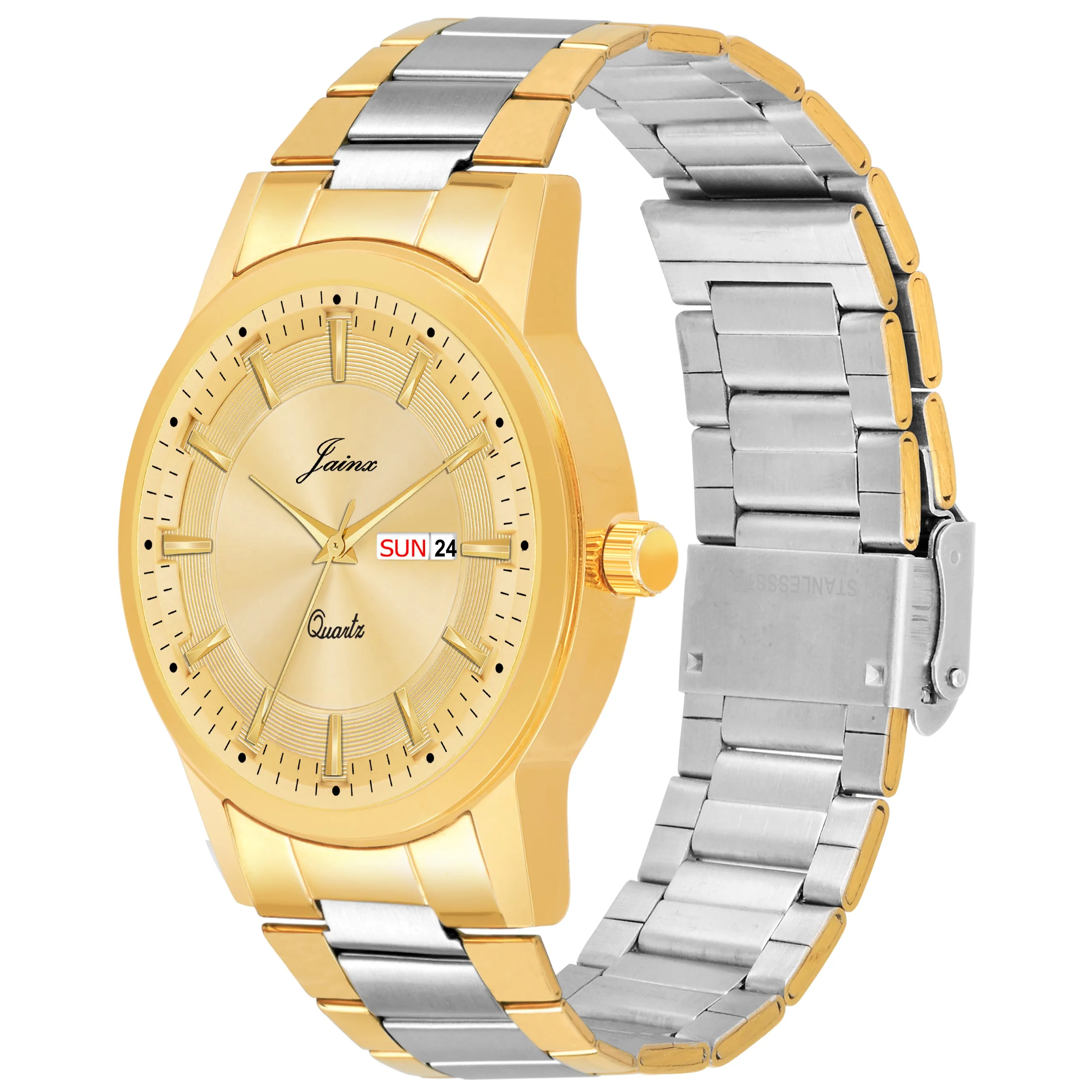 Jainx Premium Day & Date Feature Golden Dial Analogue Watch For Men - JM1175