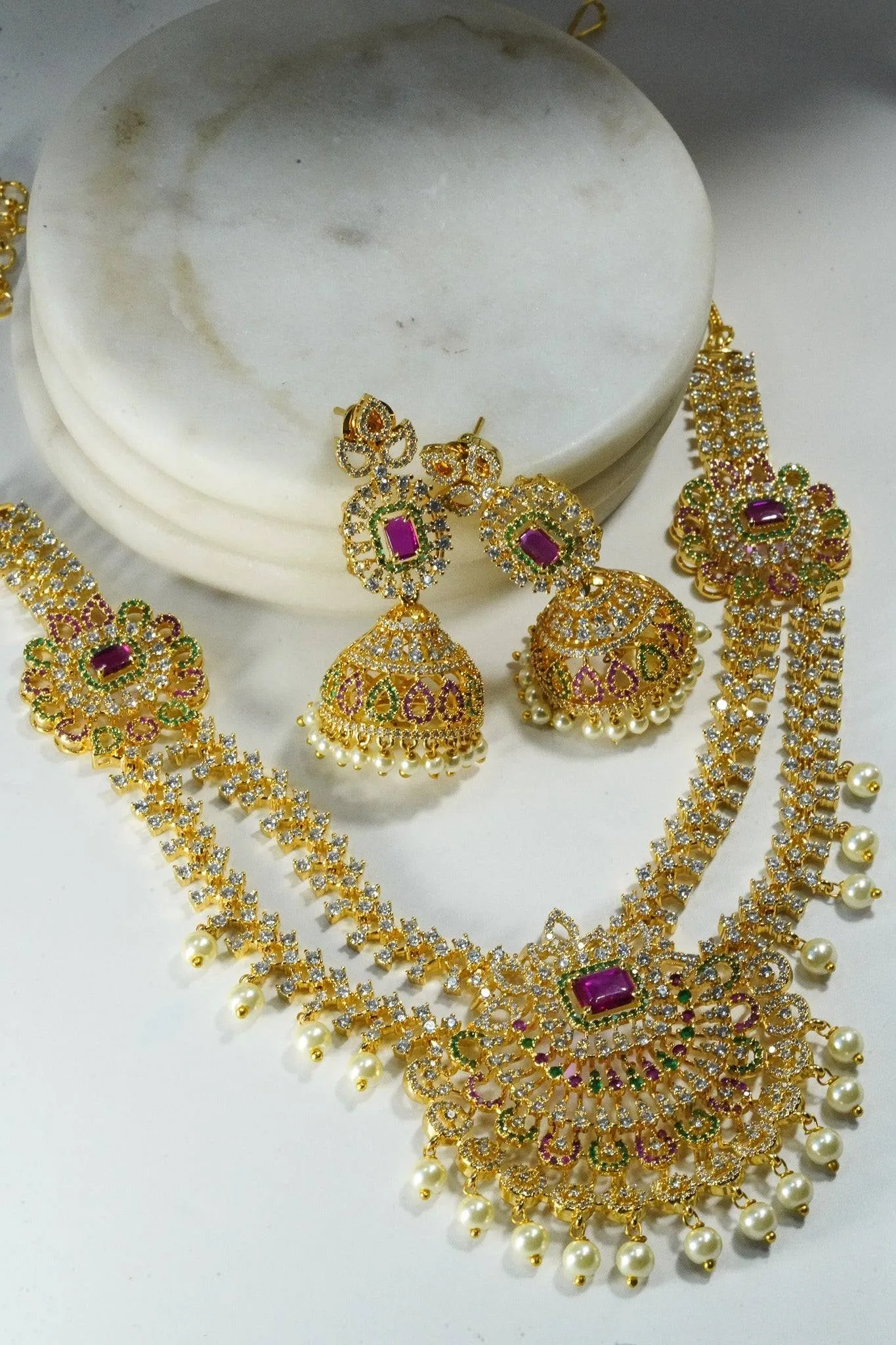 Jassi - Gold Plated Double Layer Multicolor AD Necklace Set