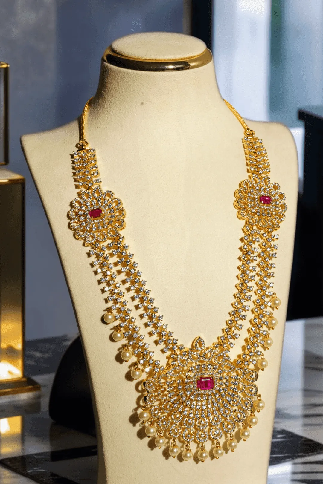 Jassi - Gold Plated Double Layer Multicolor AD Necklace Set