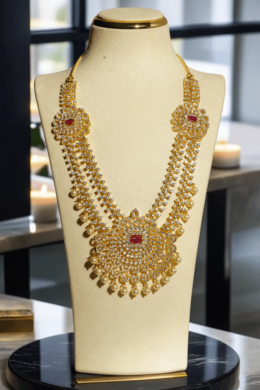 Jassi - Gold Plated Double Layer Multicolor AD Necklace Set