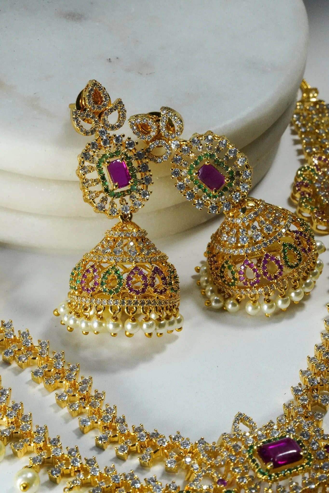 Jassi - Gold Plated Double Layer Multicolor AD Necklace Set