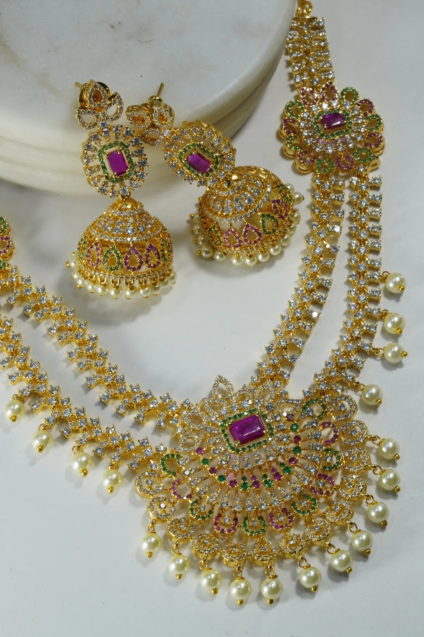 Jassi - Gold Plated Double Layer Multicolor AD Necklace Set