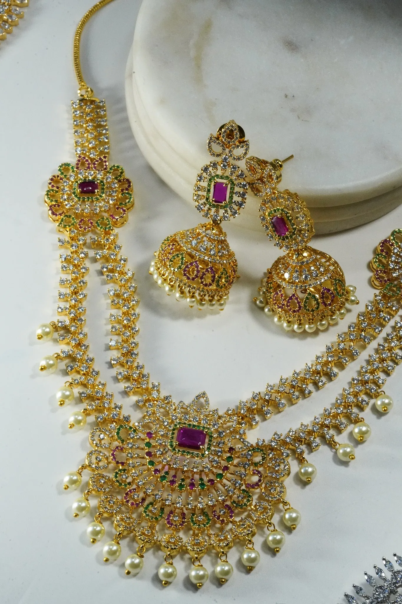 Jassi - Gold Plated Double Layer Multicolor AD Necklace Set