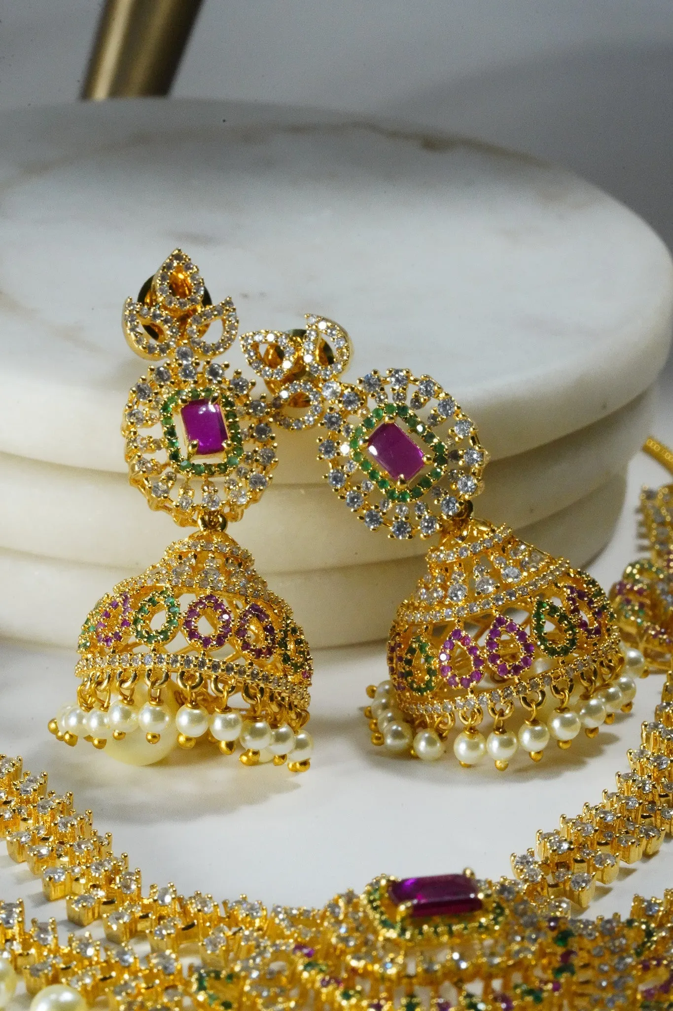 Jassi - Gold Plated Double Layer Multicolor AD Necklace Set