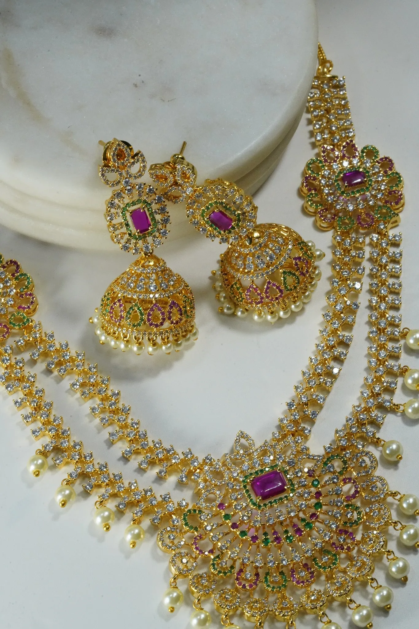 Jassi - Gold Plated Double Layer Multicolor AD Necklace Set