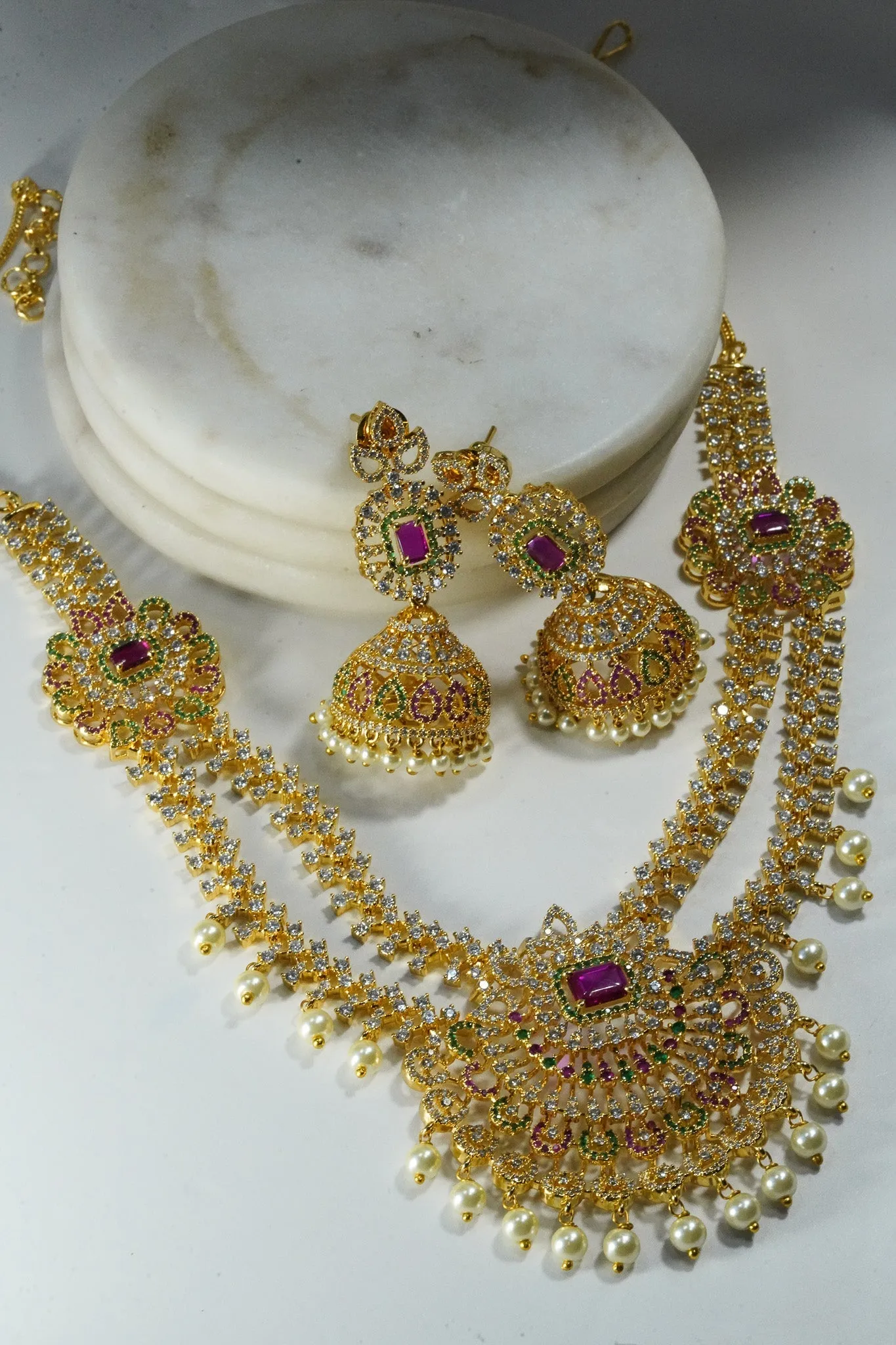 Jassi - Gold Plated Double Layer Multicolor AD Necklace Set