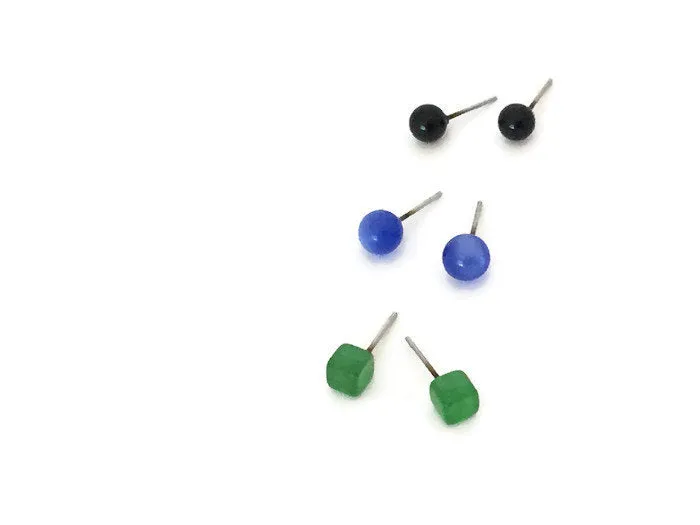 Jet Black Blue Green Tiny Stud Earrings Set