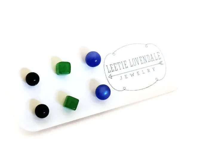 Jet Black Blue Green Tiny Stud Earrings Set