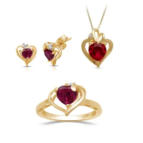 Jewelili 18K Yellow Gold Over Sterling Silver with Created Ruby and Cubic Zirconia Heart Ring , Stud Earrings and Pendant Necklace Jewelry Set