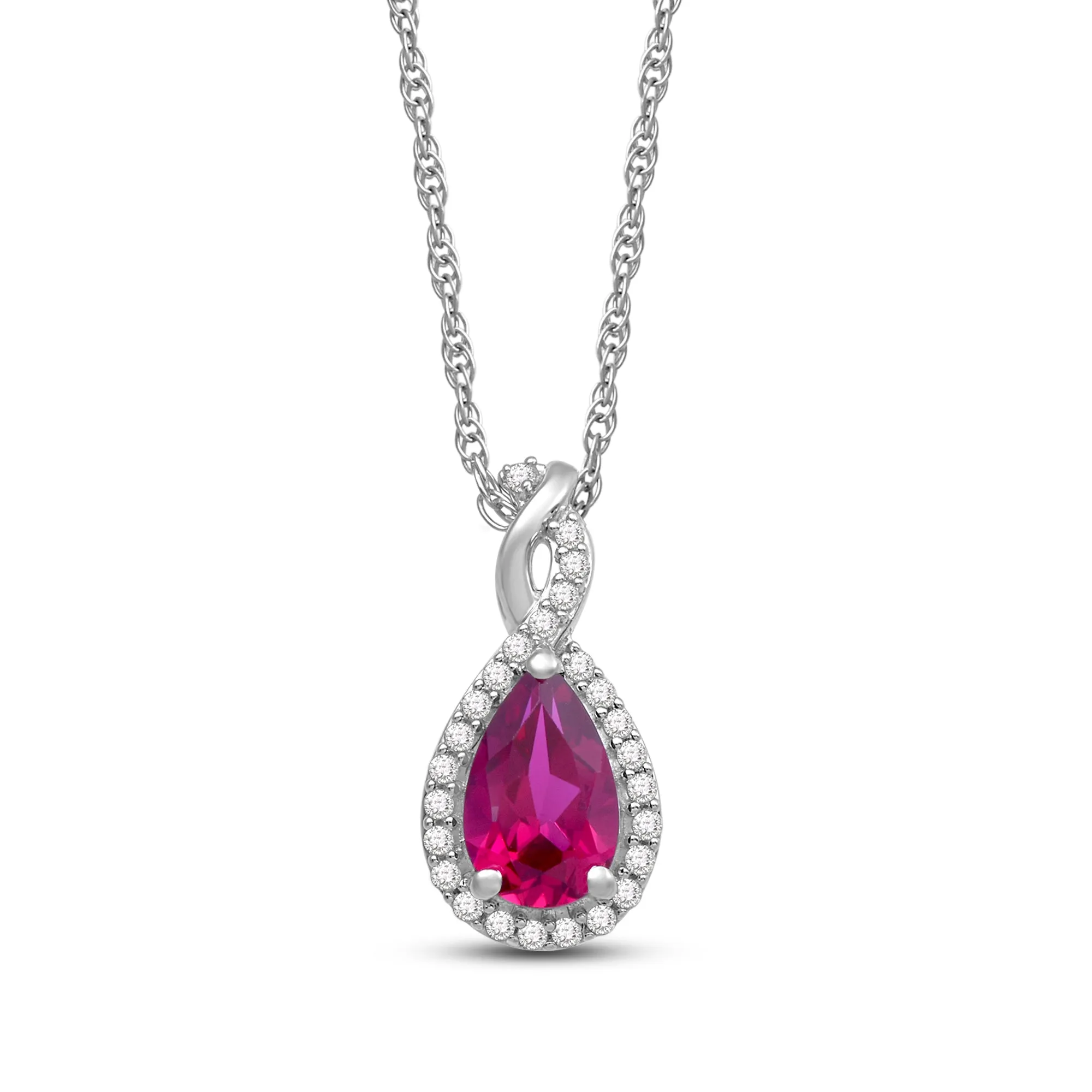 Jewelili Sterling Silver 8x5 MM Pear Shape Created Ruby and White Sapphire Twisted Pendant Necklace