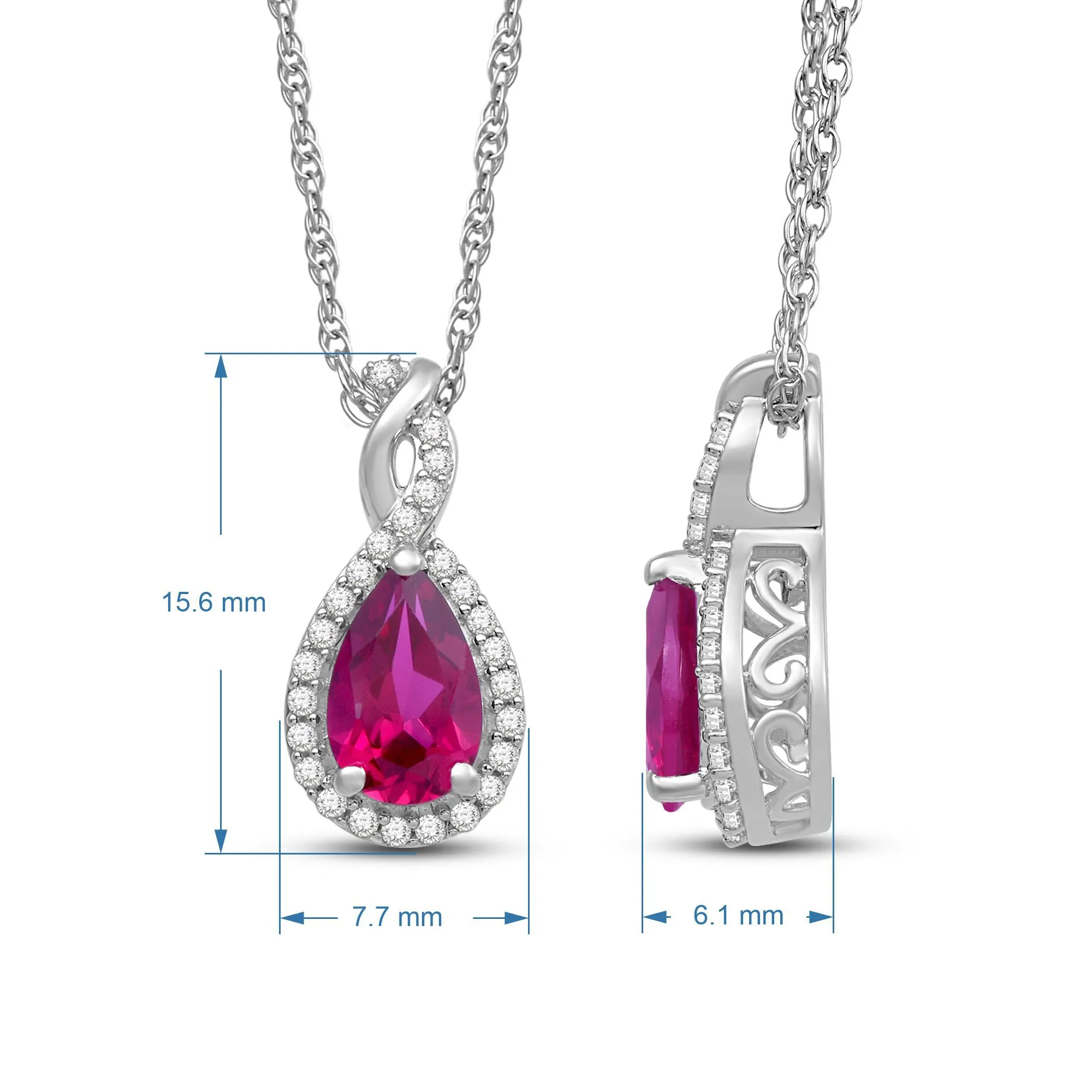 Jewelili Sterling Silver 8x5 MM Pear Shape Created Ruby and White Sapphire Twisted Pendant Necklace