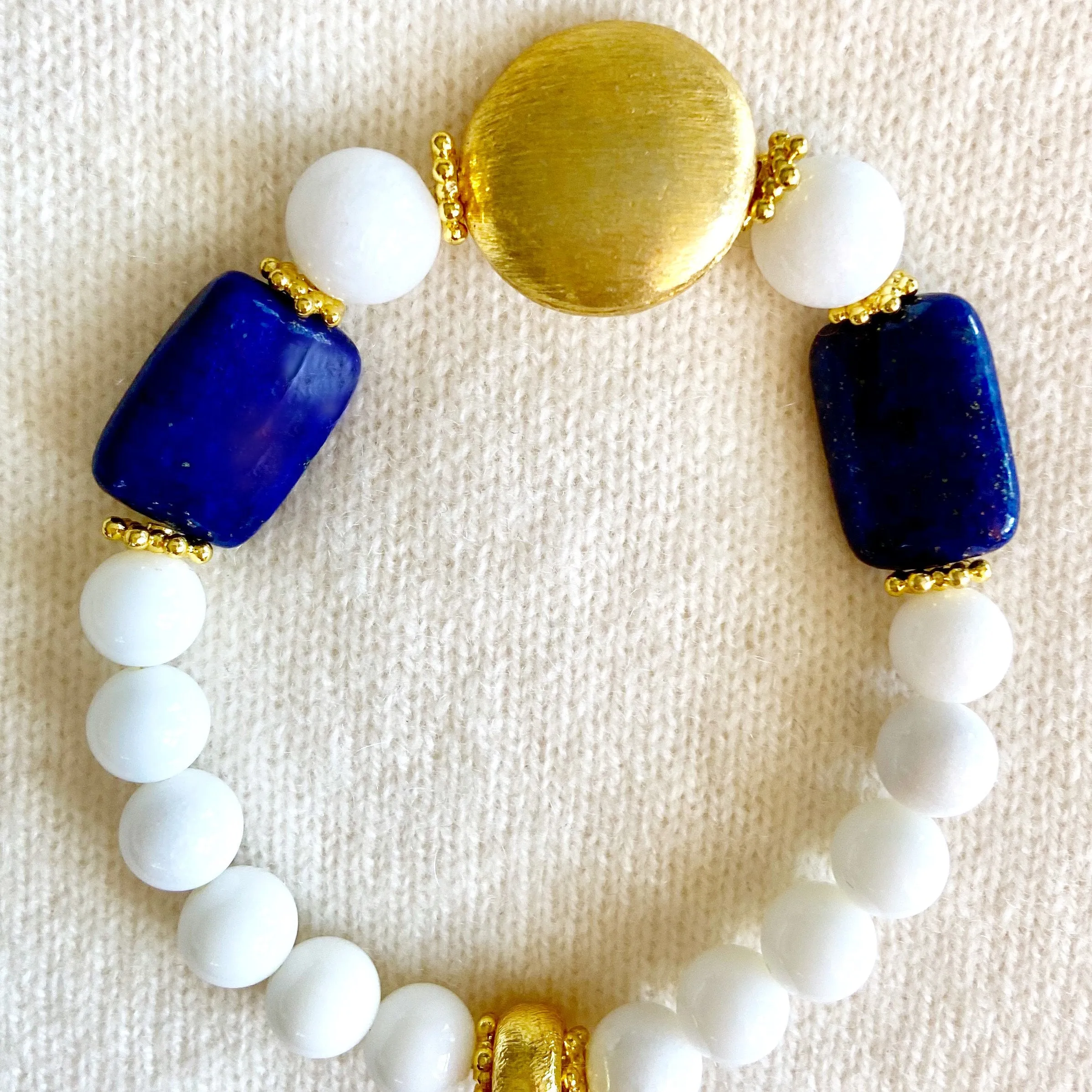 Lapis Lazuli & Alabaster Gemstone Brushed Gold Vermeil Beaded Bracelet(s)