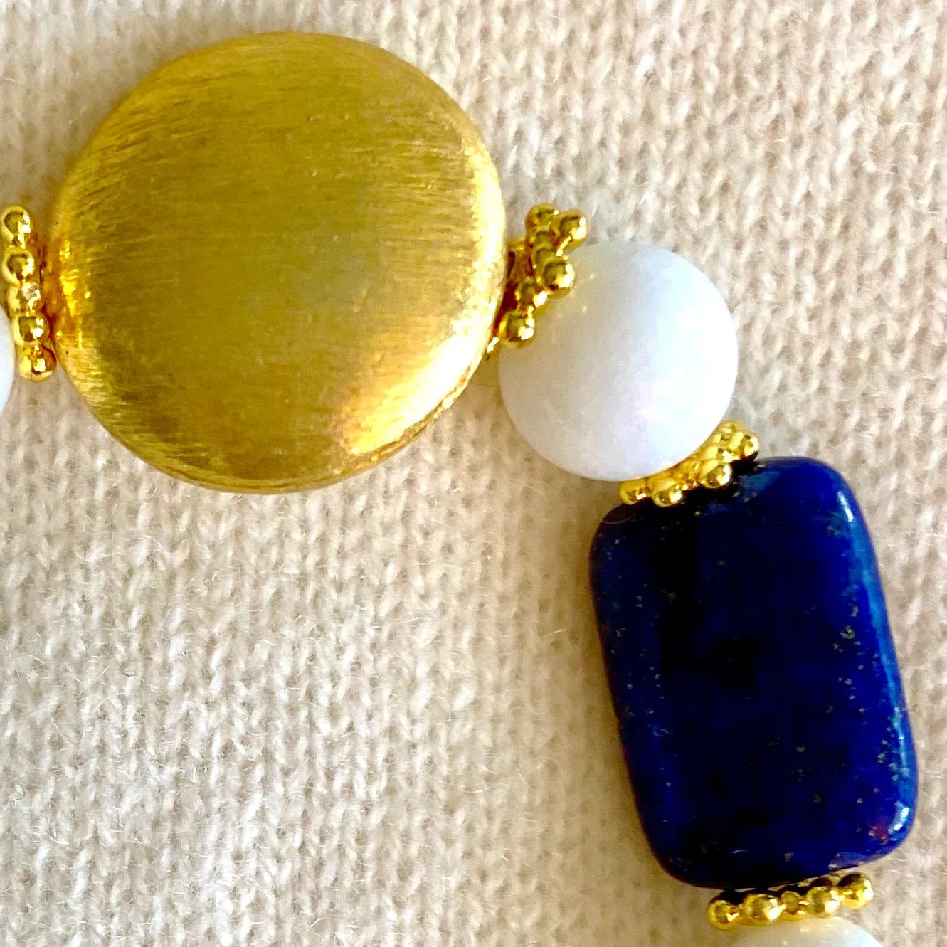 Lapis Lazuli & Alabaster Gemstone Brushed Gold Vermeil Beaded Bracelet(s)