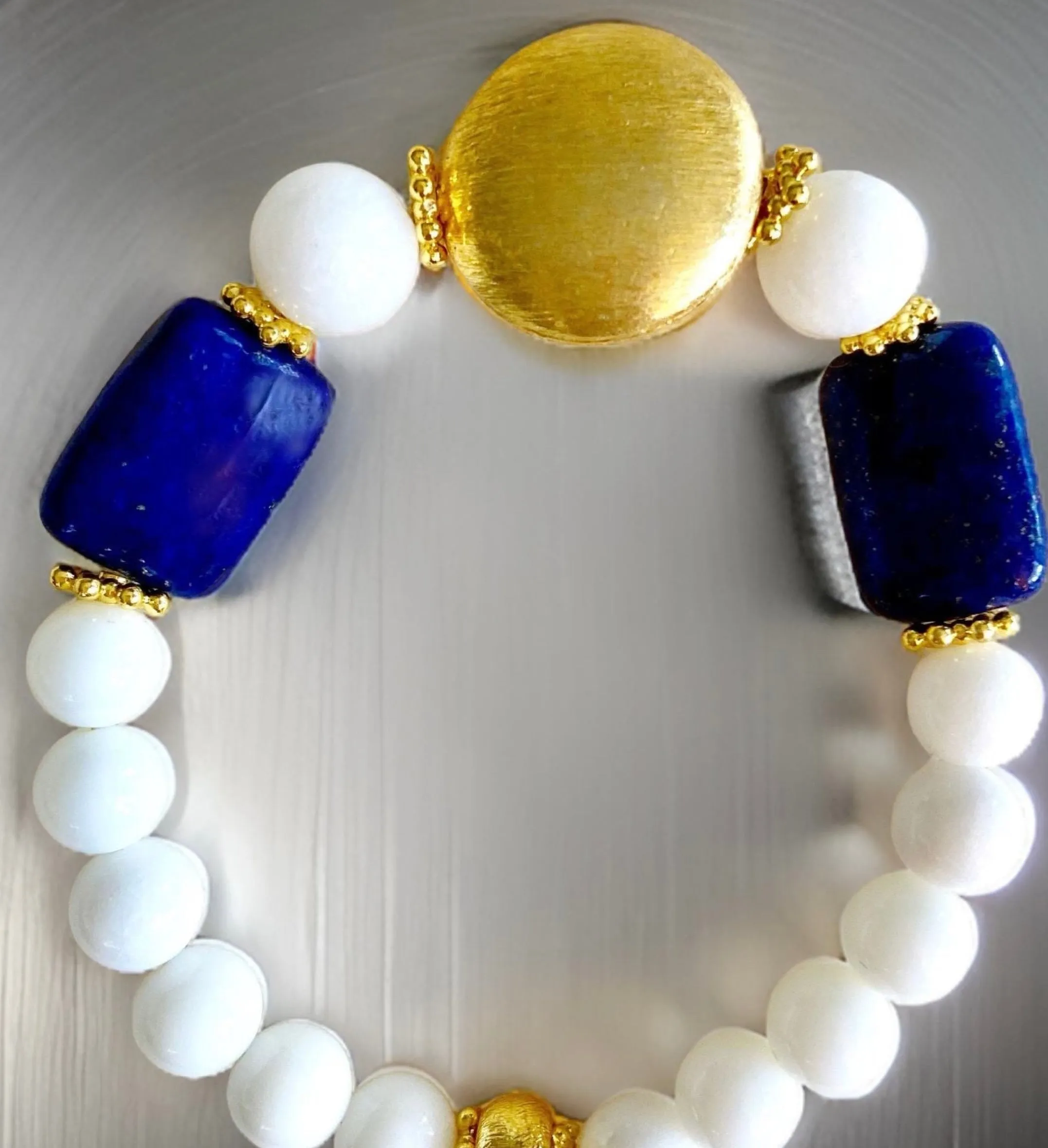 Lapis Lazuli & Alabaster Gemstone Brushed Gold Vermeil Beaded Bracelet(s)