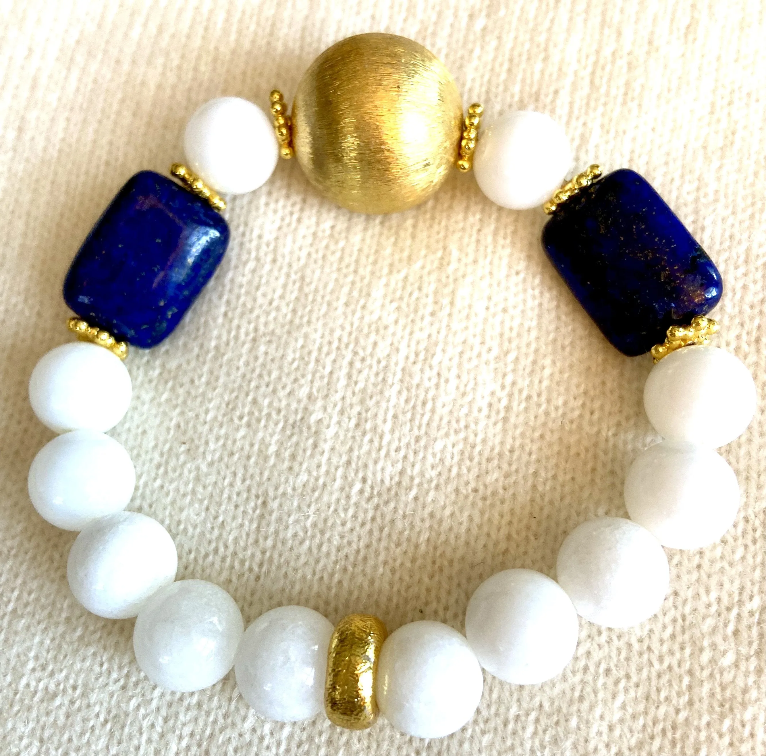 Lapis Lazuli & Alabaster Gemstone Brushed Gold Vermeil Beaded Bracelet(s)