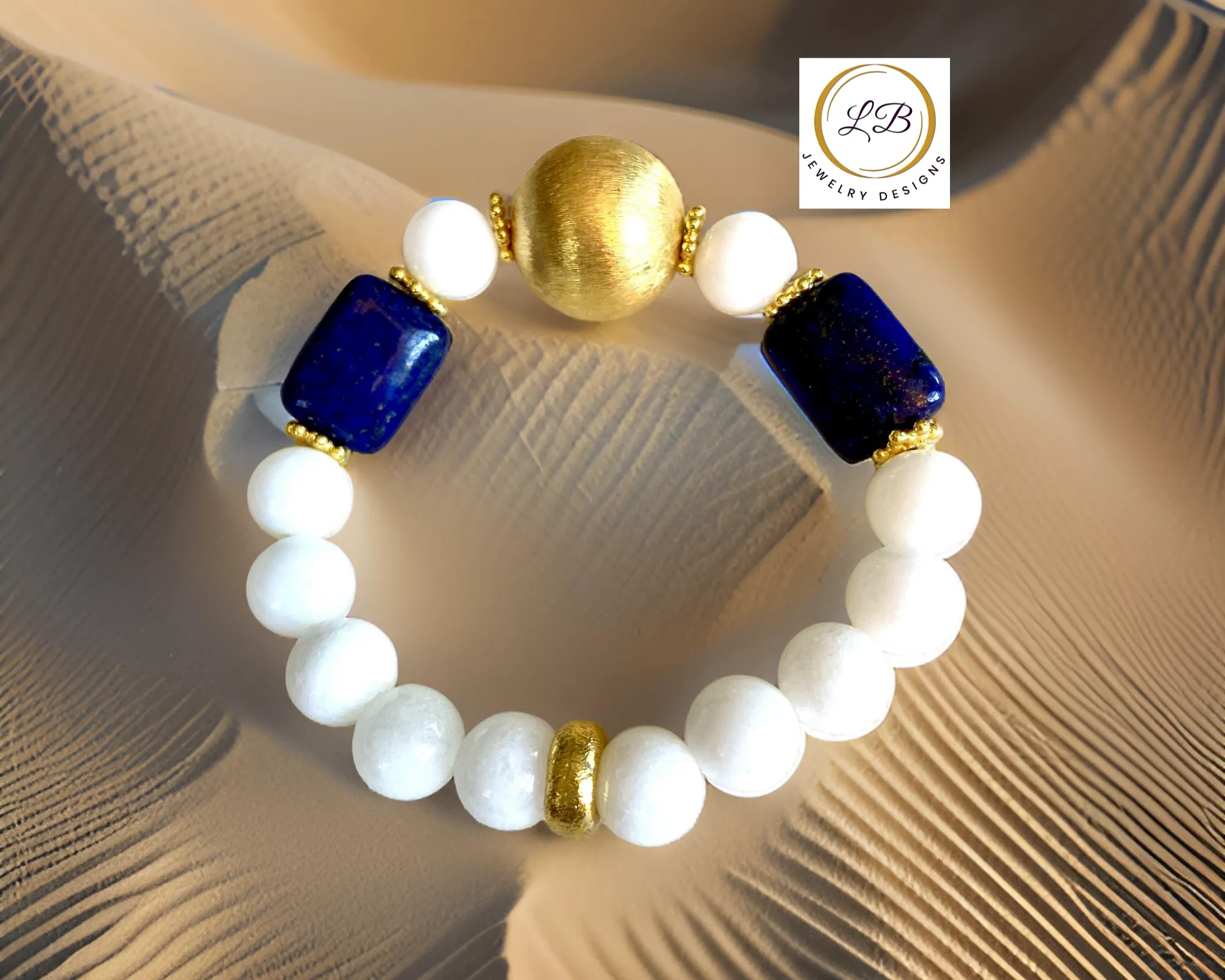 Lapis Lazuli & Alabaster Gemstone Brushed Gold Vermeil Bracelet